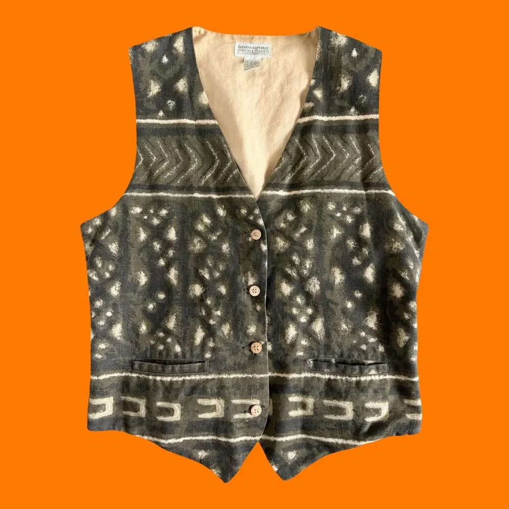 90's vintage earthy boho tribal safari linen blend vest LARGE banana republic